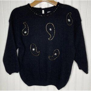 Vintage Koret Petite Small Silk Angora Blend Beaded Paisley S/S Black Sweater